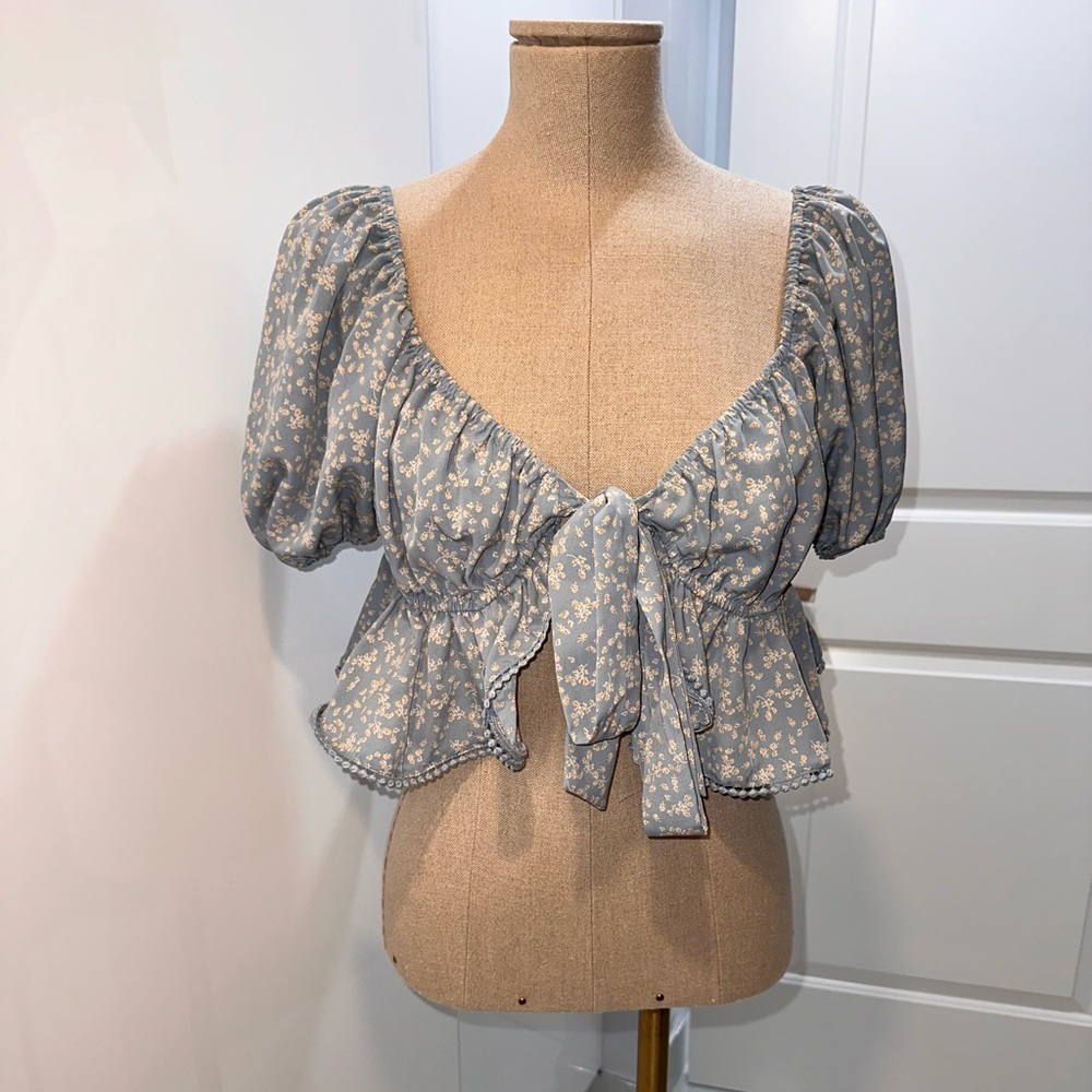 Pookie & Sebastian Floral Puff Sleeve Top - Blue